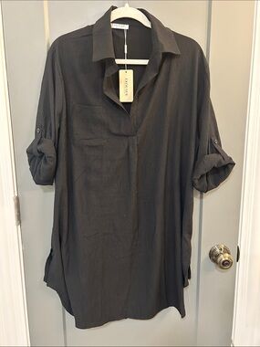Eileen Fisher Black Longline Collared Tunic Dress coverup women’s size large